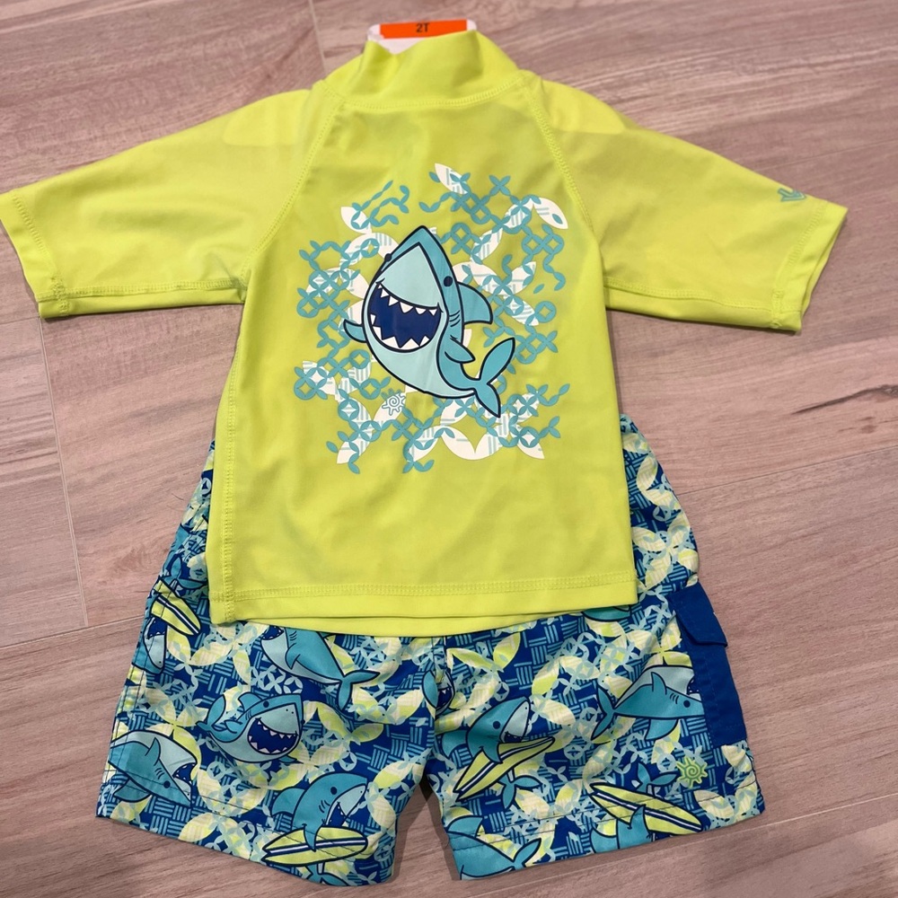 UV-SKINZ Boy’s 3-Piece Swim Set 50+ Sun Protection Green and Blue Shark Sun Wear